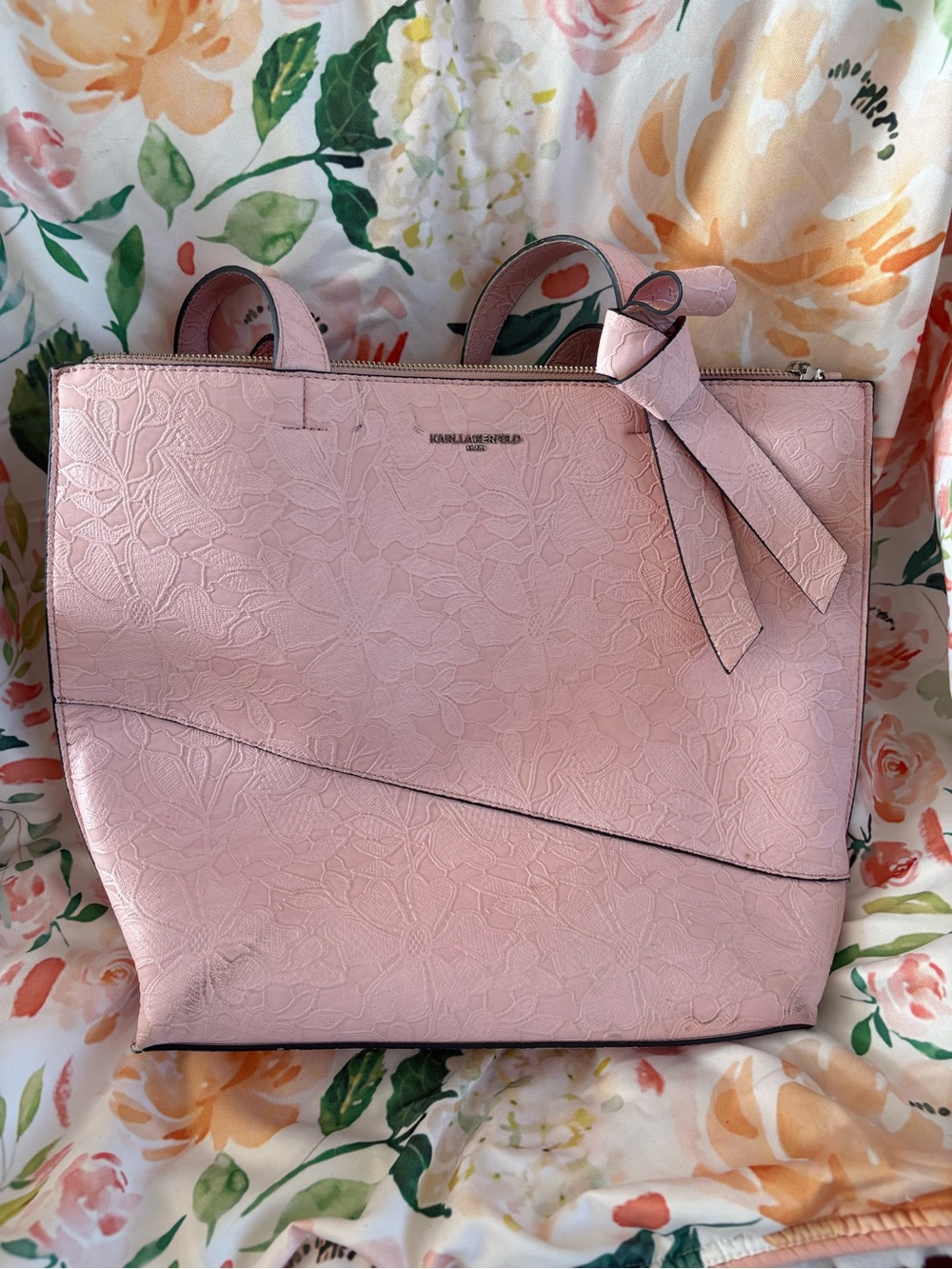 Karl Lagerfeld Blush Pink Embossed Tote with Bow Accent